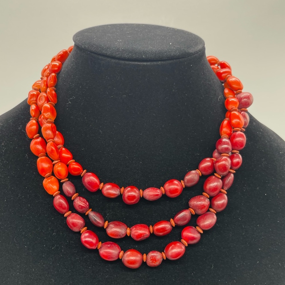 African Multi Strand Wooden Red & Orange Necklace - Picture 2 of 4